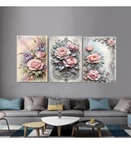 Pembe özel tasarım 3lü set çiçek kanvas tablo ev duvar salon ofis dükkan hediyelik dekarasyon süsü (Çok Renkli)