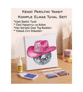 Taşlı Elmas Mozaik Tuval Seti - Pembe Kovboy Şapkalı Disko Topu