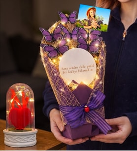 Size Özel Fotoğraflı Led Işıklı Aynalı Kelebek Buketi & Led Işıklı Fanuslu (Model 7)