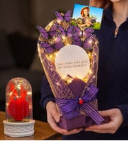 Size Özel Fotoğraflı Led Işıklı Aynalı Kelebek Buketi & Led Işıklı Fanuslu (Model 7)