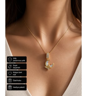 316L Paslanmaz Çelik Ay Figürlü Taşlı Kadın Kolye Şık Hediye