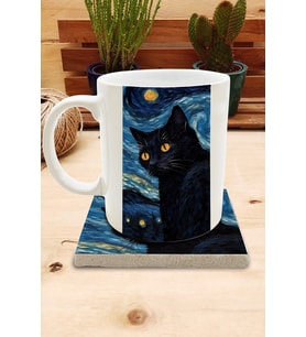 Kediler ve Sanat/Van Gogh Yıldızlı Gece The Starry Night Set 8 - Standart Kupa-Taş Bardak Altlığı 6