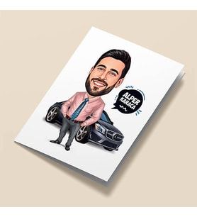 Kişiye Özel Siyah Spor Arabalı Erkek Karikatürlü Tebrik Kartı