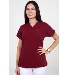 Deniz Iş Kadın Likralı Yarasakol Bordo Renk Scrubs Teküst
