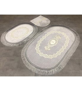 Exclusive Oval Gri 3'lü Dantelli ve Saçaklı Banyo Paspası Çeyizlik Kaymaz