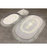 Exclusive Oval Gri 3'lü Dantelli ve Saçaklı Banyo Paspası Çeyizlik Kaymaz