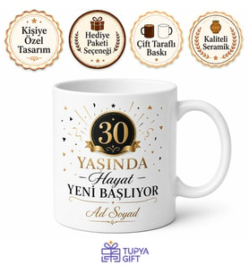 İsimli Kupa 30 Yaş Doğum Günü Özel Baskılı Hediye Bardak