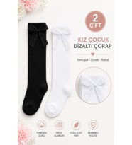2 Çift Burun Dikişsiz Kız Çocuk Kurdeleli Dizaltı Çorap