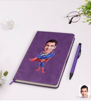 BK Gift Kişiye Özel Süper Baba Karikatürlü Mor Termo Deri Defter Kalem Seti Model 1