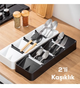 Porsima ORG-86 2 li Kaşıklık Çekmece İçi Çatal Bıçak Kaşık Düzenleyici Çekmece İçi Organizeri - Siyah Beyaz
