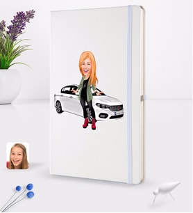 BK Gift Kişiye Özel Plakalı Kadın Fiat Egea Karikatürlü Beyaz Termo Deri Defter 16x24cm Model 1