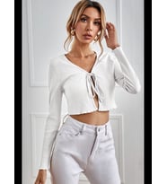 Fantezia Night Kadın Beyaz Uzun Kollu Önden Bağlama Detaylı Crop Top Bluz