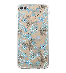 PrintiFy Huawei Y9 2018 Uyumlu Kamera Korumalı Floral Mavi Tasarımlı Şeffaf Silikon Kılıf