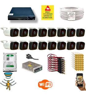 Qromax 16 Kamerali Set - Hareket Algilayan Gece Görüşlü 36 Ir Led 5mp Sony Lensli 1080p Full Hd Metal Kasa Güvenlik Kamerasi Seti 5236