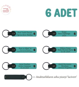 Mini Atölye Çalışmasına Katılanlara, 6'lı Set, Kişiye Özel Yazılı Deri Anahtarlık, K Turkuaz & Laci (Koyu Turkuaz)
