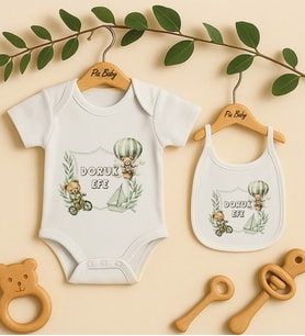Pia Baby Premium %100 Pamuk İsme Özel Organik Baskılı Çıtçıtlı Bebek Body Ve Önlük 5038-20 (Ekru)