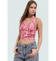 Vücuda Oturan Boyundan Bağlamalı Crop Bluz Polyester Elastan Sandy Dokuma Yüksek Kalite