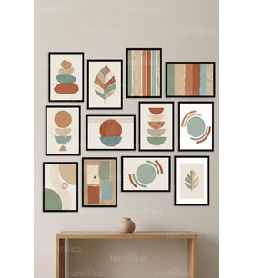 12 Parça Retro Geometrik 2 Renk Seçenekli Dekoratif Çerçeve Görünümlü Tablo Seti