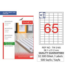Tanex Lazer Etiket tw-2165 500 A4 Sayfa Laser Etiket 38,1X21,2 mm Boyutunda 1 A4 Sayfada 65 Etiket