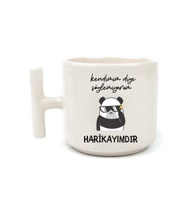 Panda Motto Söz Beyaz Rengi Eğlenceli Yazılı Esprili Özel Tasarım El Yapımı T Kulplu Fincan