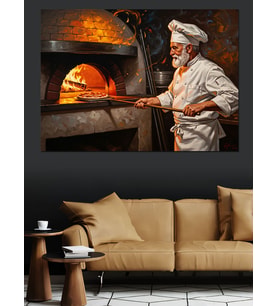 Taş Fırında Pizza Pişiren Şef Dekoratif Kanvas - Mdf Ahşap Tablo