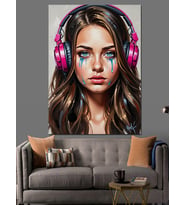 Pembe Kulaklıklı Kız Müzik Dinliyor Dekoratif Kanvas - Mdf Ahşap Tablo