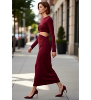 Kadın Fashion Forward Bordo Örme Maxi Elbise Bodycon Kesim Bel Detaylı Uzun Kollu Zarif Stil