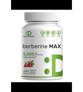 DEAL SUPPLEMENT Berberine Max  5,000mg  240 Veggie Capsul – 97% Pure Berberine HCL – 25:1 Root Extract – Non-GMO.3857 (Renksiz)