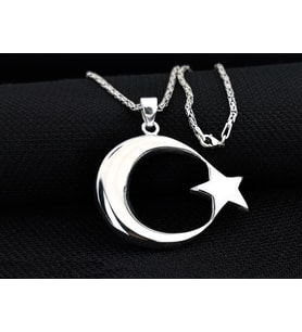 Büyük Boy Şanlı Ay Yıldızımız Tasarımlı Kral Zincirli 925 Ayar Gümüş Kolye