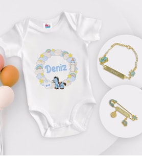 BK Kids Kişiye Özel İsimli Beyaz Bebek Body Zıbın Erkek Bebek Künyesi ve İğnesi Hediye Seti-25