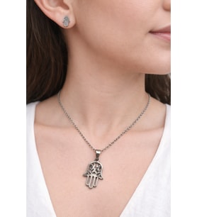 Paslanmaz Çelik Hamsa El Kolye Küpe Seti Gümüş Renk Unisex Takı