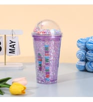 Sloganlı Işıklı ve Pipetli Bardak, 450 ml, Buzlu ve Kapaklı, Mor, 20x8 (Mor)