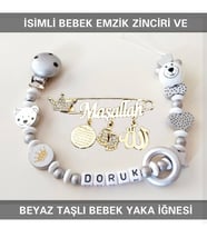 Sahi Aksesuar İsimli Bebek Emzik Zinciri ve Beyaz Taşlı Bebek Yaka İğnesi BEZYI003