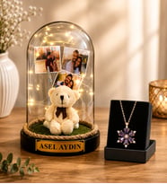 Kişiye Özel İsimli ve 3 Fotoğraflı Peluş Ayıcıklı LED Işıklı Fanus & Gerçek Ametist Taşlı Lotus Kolye Sevgiliye Hediye