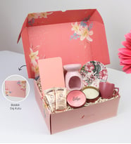 Pembe Çiçekli Kutusunda Dikişli Mini Not Defteri & Buhurdanlık & Türk Kahvesi Fincanı & Metal Kutulu Mum & Tek İçimlik Türk Kahvesi