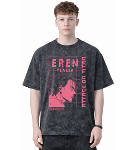 Tasarım Eren Yeager Attack On Titan Anime Baskılı Unisex Oversize Eskitme Yıkamalı Tişört