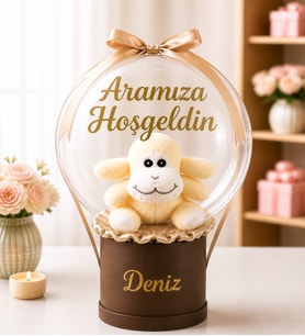 Kahverengi Silindir Kutuda Kişiye Özel İsim ve Yazı Baskılı Peluş Kuzucuklu Premium Balon Kutusu