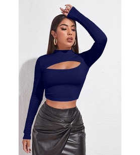 Kadın Lacivert Göğüs Dekolteli Uzun Kollu Cut Out Crop Top Bluz