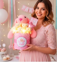 Yenidoğan & Babyshower Hediyesi LED Işıklı Peluş Ayıcık Buketi Ve Uyku Arkadaşı Tavşan Eşe Hediye (Pembe)