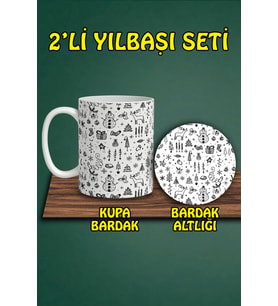 Yılbaşı Temalı Kupa ve Bardak Altlığı Seti