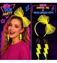 Neon Sarı Dantel Taç ve Şimşek Küpe 80&amp;#39;ler 90&amp;#39;lar Parti Seti