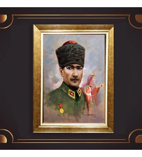 Altın Varaklı Çerçeveli Paspartulu Atatürk Tablo nl02A241 (Gold)