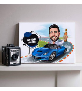 Mavi Spor Araba ve Ben Karikatürlü Kanvas