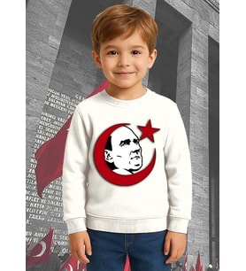 Unisex Ay Yıldızlı 19 Mayıs 29 Ekim 23 Nisan 10 Kasım Atatürk Çocuk 3 İplik Şardonlu Sweatshirt (Beyaz)