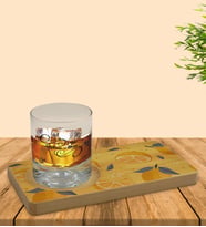 BK Gift Kişiye Özel Limon Tasarımlı Doğal Ahşap Tabaklı Viski Bardağı Sunum Seti Model 2