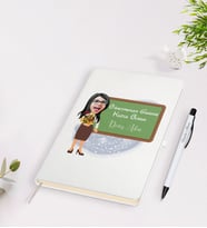 BK Gift Kişiye Özel Öğretmen Karikatürlü Beyaz Defter Kalem Seti - 1