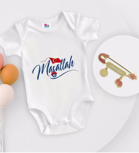 BK Kids Kişiye Özel Maşallah Tasarımlı Beyaz Bebek Body Zıbın ve Kız Bebek İğnesi Hediye Seti-3