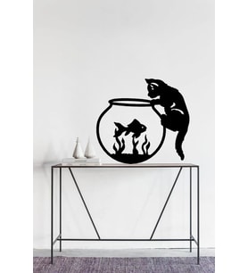 KEDİ BALIK FANUS AHŞAP MDF DUVAR DEKORU TABLO (Siyah)