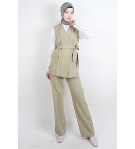 Tesettür Takım 4 Düğmeli Yelekli Blazer İkili Takım Yeşil