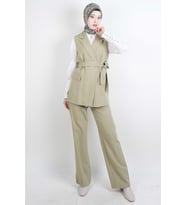 Tesettür Takım 4 Düğmeli Yelekli Blazer İkili Takım Yeşil
